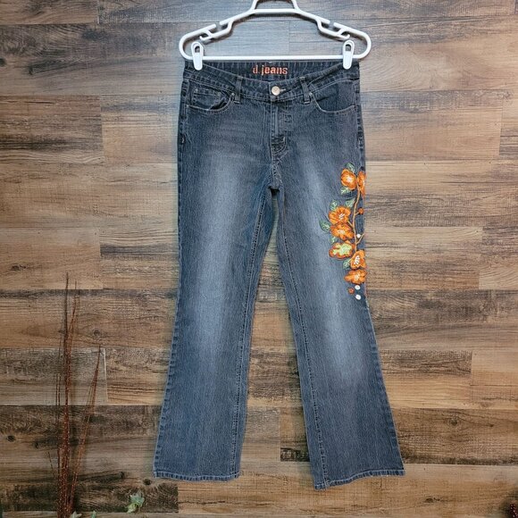 Vtg D Jeans 8 Bootcut Floral Embroidered Charcoal Black Wash Denim Boho Western - Picture 1 of 10
